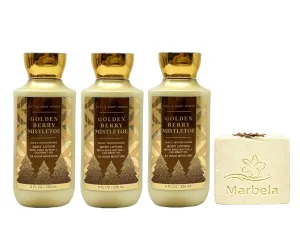 Bath & Body Works Golden Berry Mistletoe 3 Piece Body Lotion Bundle with a Creamy Rose Soap - Full Size