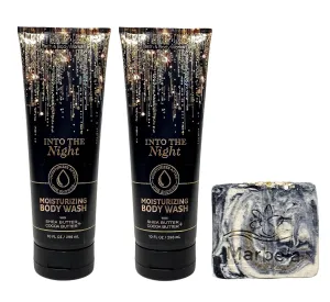 Bath & Body Works Into The Night 2 Pack Moisturizing Body Wash Bundle with a Charcoal Scrub Bar Soap - Full Size