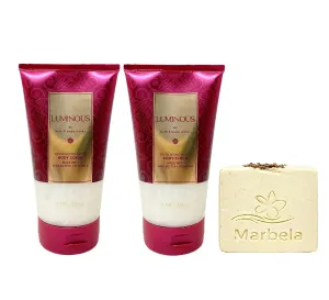 Bath & Body Works Luminous 2 Pack Exfoliating Glow Body Scrub Gift Set with a Creamy Rose Bar Soap - Full Size
