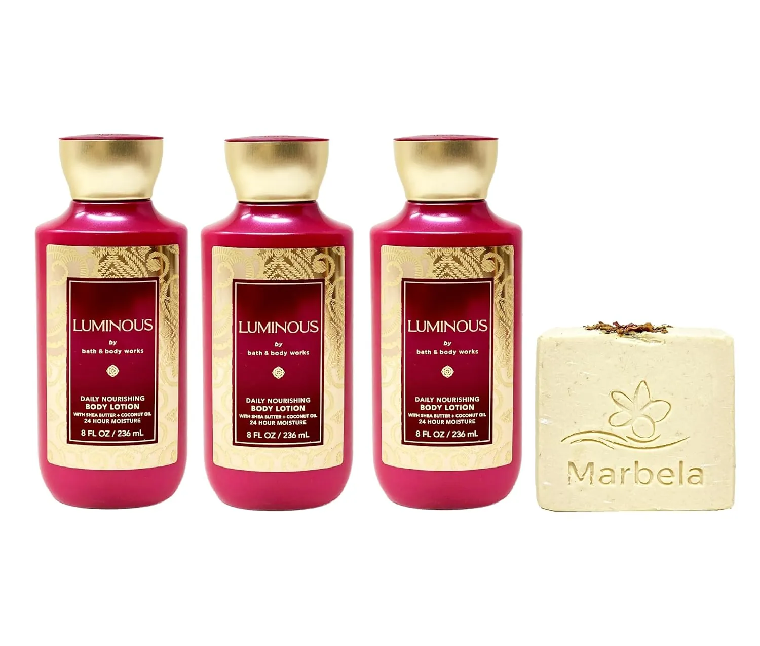 Bath & Body Works Luminous 3 Pack Daily Nourishing Body Lotion Gift Set with a Creamy Rose Bar Soap - Full Size