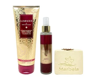 Bath & Body Works Luminous Body Cream and Diamond Shimmer Mist Gift Set with a Creamy Rose Bar Soap - Full Size