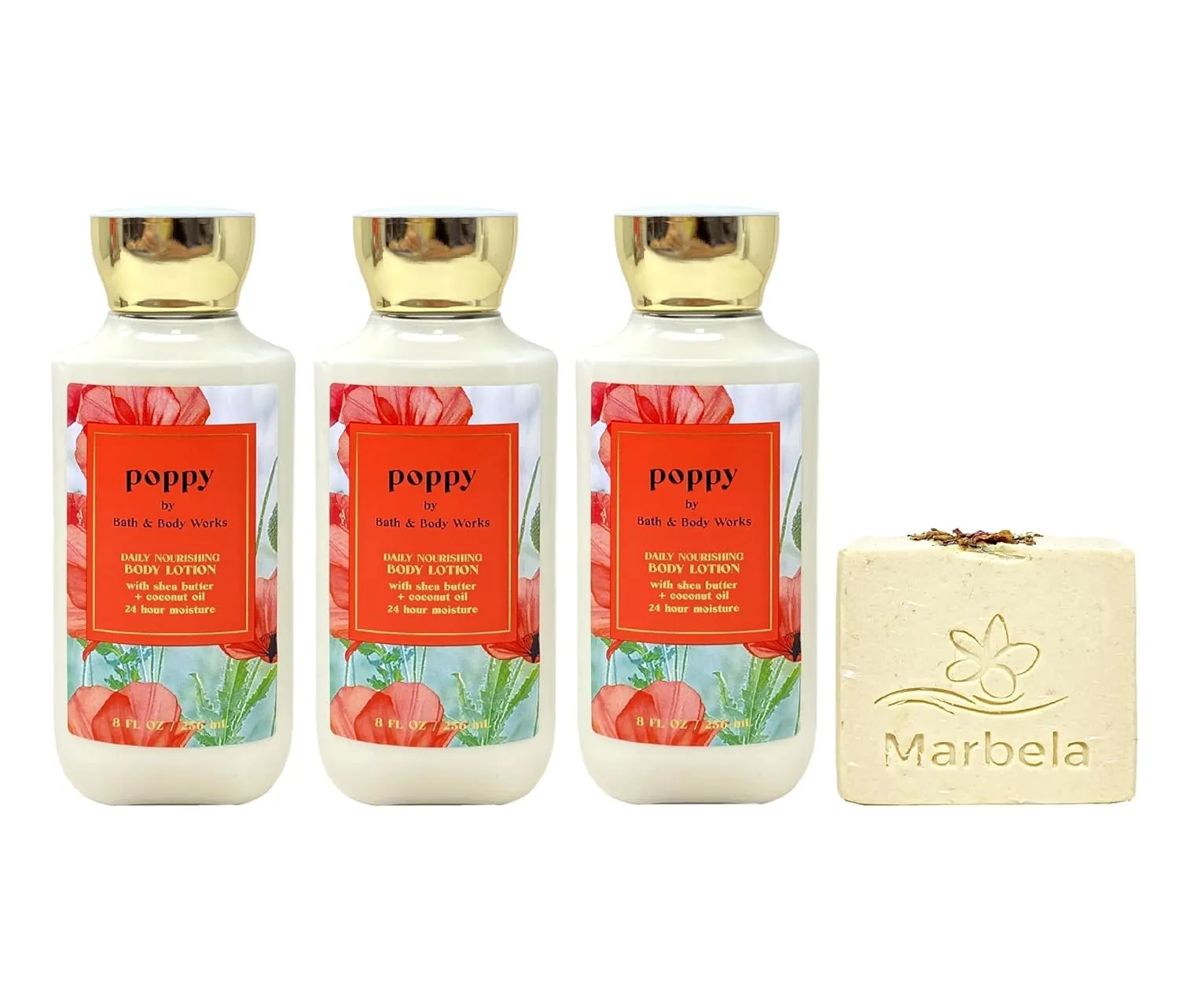 Bath & Body Works Poppy 3 Pack Daily Nourishing Body Lotion Bundle with a Creamy Rose Bar Soap