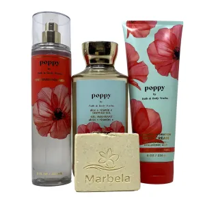 Bath & Body Works Poppy Gift Set - Fragrance Mist - Body Cream and Shower Gel - with a Creamy Rose Bar Soap