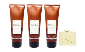 Bath & Body Works Sage & Bergamot 3 Piece Ultimate Hydration Body Cream Gift Set with a Creamy Rose Bar Soap
