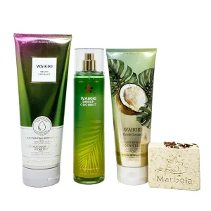 Bath & Body Works Waikiki Beach Coconut 3 Piece Everyday Value Pack - Moisturizing Body Wash - Fragrance Mist - Body Cream - with a Creamy Rose Bar Soap - Full Size