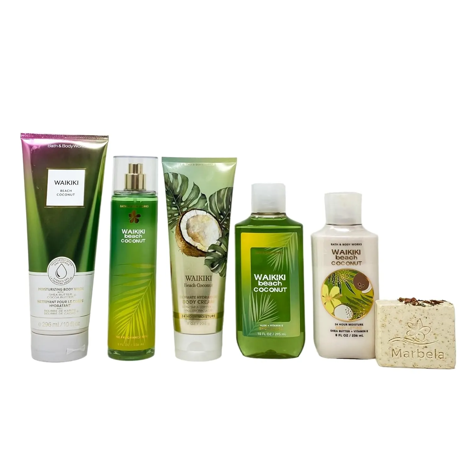 Bath & Body Works Waikiki Beach Coconut Complete 5 Piece Self Care Set - Body Wash - Fragrance Mist - Body Cream - Shower Gel - Body Lotion - with a Creamy Rose Bar Soap - Full Size