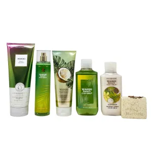 Bath & Body Works Waikiki Beach Coconut Complete 5 Piece Self Care Set - Body Wash - Fragrance Mist - Body Cream - Shower Gel - Body Lotion - with a Creamy Rose Bar Soap - Full Size