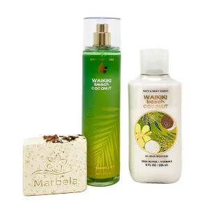 Bath & Body Works Waikiki Beach Coconut Fragrance Mist and Body Lotion Gift Set with a Creamy Rose Bar Soap - Full Size