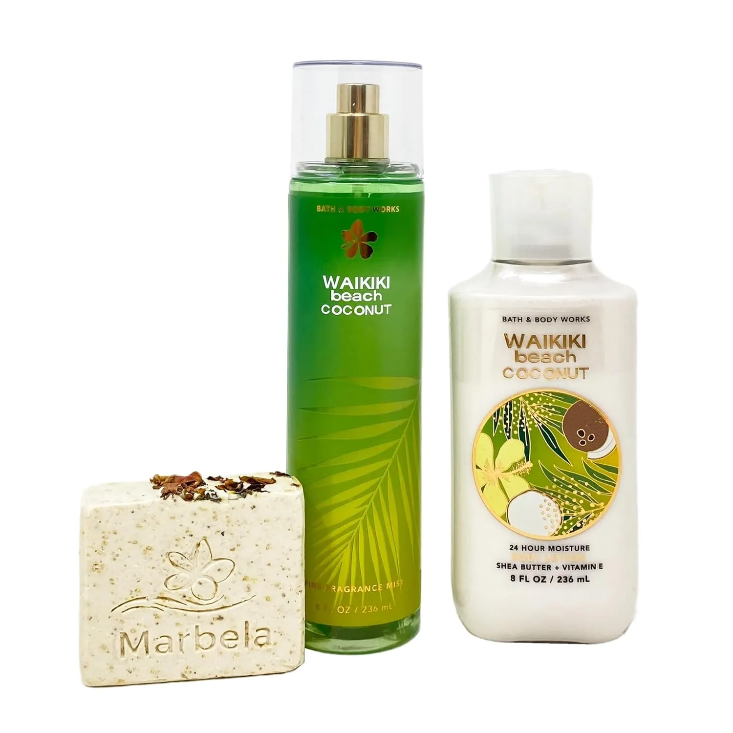 Bath & Body Works Waikiki Beach Coconut Fragrance Mist and Body Lotion Gift Set with a Creamy Rose Bar Soap - Full Size