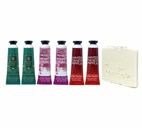 Bath & Body Works 6 Piece Deluxe Shea Butter Hand Cream Holiday Value Pack- Vanilla Bean Noel, Twisted Peppermint, Winter Candy Apple - with a Natural Oats Sample Soap