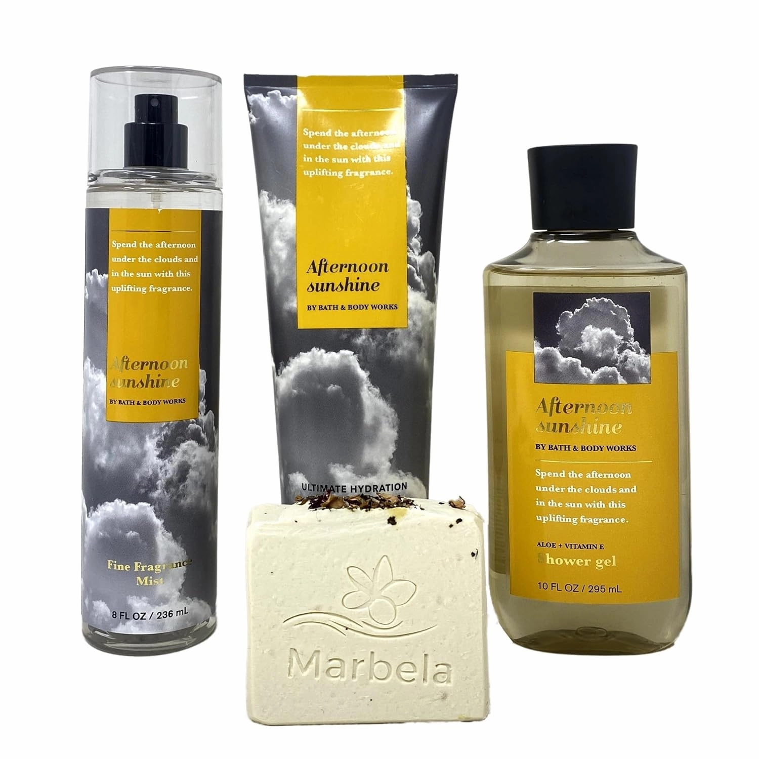 Bath & Body Works Afternoon Sunshine Trio Gift Set - Fragrance Mist, Body Cream, Shower Gel with a Creamy Rose Bar Soap.