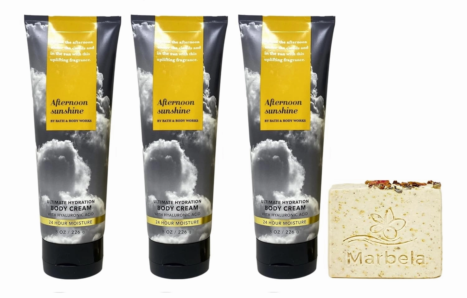Bath & Body Works Afternoon Sunshine Ultimate Hydration Body Cream 3 Pack with a Creamy Rose Bar Soap.