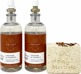Bath & Body Works Aroma Mindful Pause VETIVER & Vanilla 2 Essential Oil Mist Set with a Creamy Rose Bar Soap