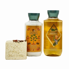 Bath & Body Works Coconut Pineapple Duo Gift Set - Shower Gel - Body Lotion - with a Creamy Rose Bar Soap - Full Size