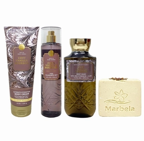 Bath & Body Works Cozy Vanilla Bourbon 3 Piece Gift Set - Fragrance Mist, Body Wash and Body Cream with a Creamy Rose Bar Soap