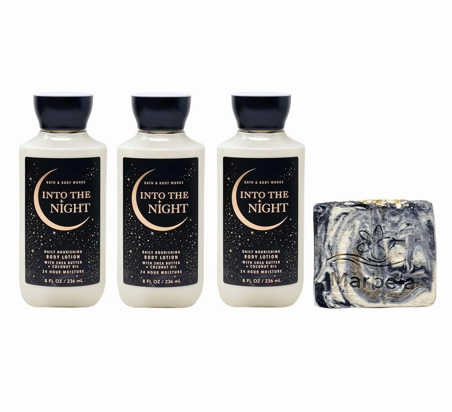 Bath & Body Works Into The Night 3 Piece Daily Nourishing Body Lotion Bundle with a Charcoal Scrub Bar Soap - Full Size