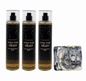 Bath & Body Works Into The Night 3 Piece Fine Fragrance Mist Bundle with a Charcoal Scrub Bar Soap - Full Size