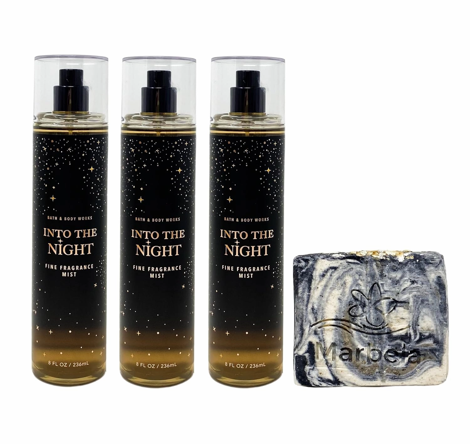 Bath & Body Works Into The Night 3 Piece Fine Fragrance Mist Bundle with a Charcoal Scrub Bar Soap - Full Size