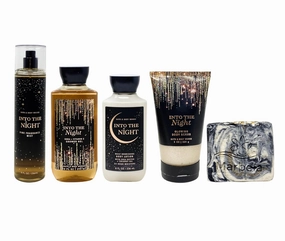 Bath & Body Works Into The Night 4 Piece Gift Bundle - Fragrance Mist - Shower Gel - Body Lotion and Body Scrub - with a Charcoal Scrub Bar Soap - Full Size