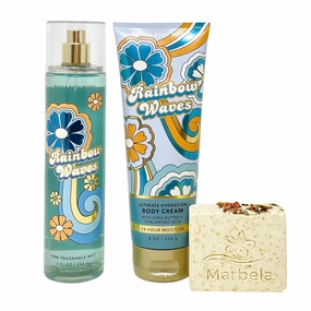 Bath & Body Works Rainbow Waves Duo Gift Set - Fragrance Mist and Body Cream - with a Creamy Rose Bar Soap - Full Size