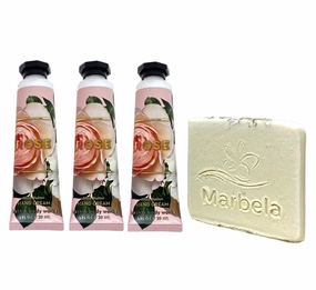Bath & Body Works Rose 3 Pack Shea Butter Hand Cream Bundle with a Natural Oats Sample Soap