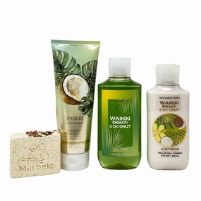 Bath & Body Works Waikiki Beach Coconut 3 Piece Set - Body Cream - Shower Gel - Body Lotion - with a Creamy Rose Bar Soap - Full Size