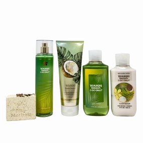 Bath & Body Works Waikiki Beach Coconut Deluxe Value Pack - Fragrance Mist - Body Cream - Shower Gel - Body Lotion - with a Creamy Rose Bar Soap - Full Size