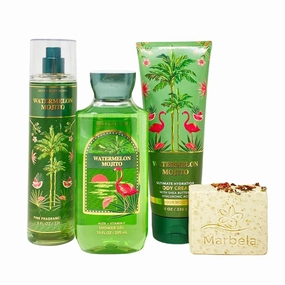 Bath & Body Works Watermelon Mojito 3 Piece Bundle - Fragrance Mist - Body Cream - Shower Gel - with a Creamy Rose Bar Soap - Full Size