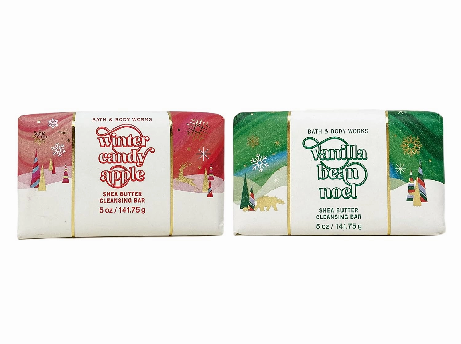 Bath and Body Vanilla Bean Noel and Winter Candy Apple Shea Butter Cleansing Bar 2 Piece Set