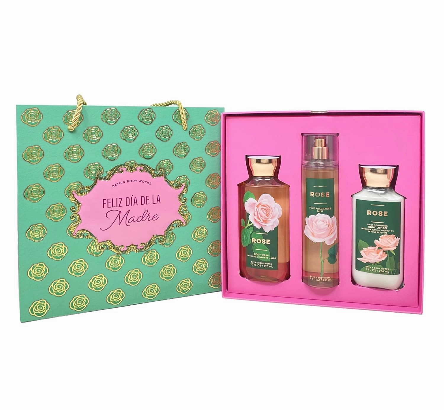 Bath and Body Work Rose - Feliz Dia De La Madre Gift Box Trio Set - Fragrance Mist , Body Wash and Body Lotion - Full Size