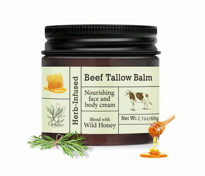 Beef Tallow Balm. 100% Grass-fed beef tallow, wild honey, olive oil, calendula and rose extract delivers intense hydration 2.1 OZ/60g