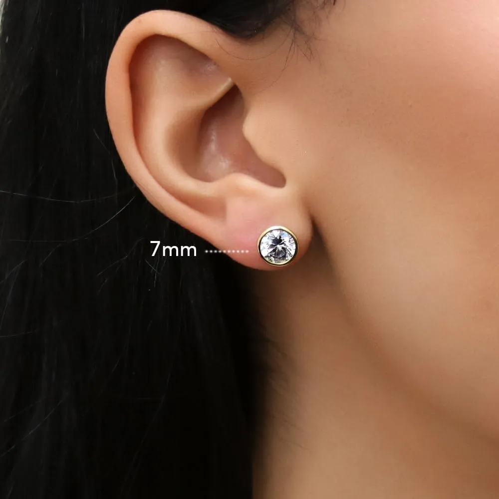 BERRICLE Sterling Silver Solitaire Bezel Set Round Cut Cubic Zirconia Stud Earrings, Unisex for Women/Men, Yellow Gold/Rhodium Plated, Small/Large CZ 4-9mm