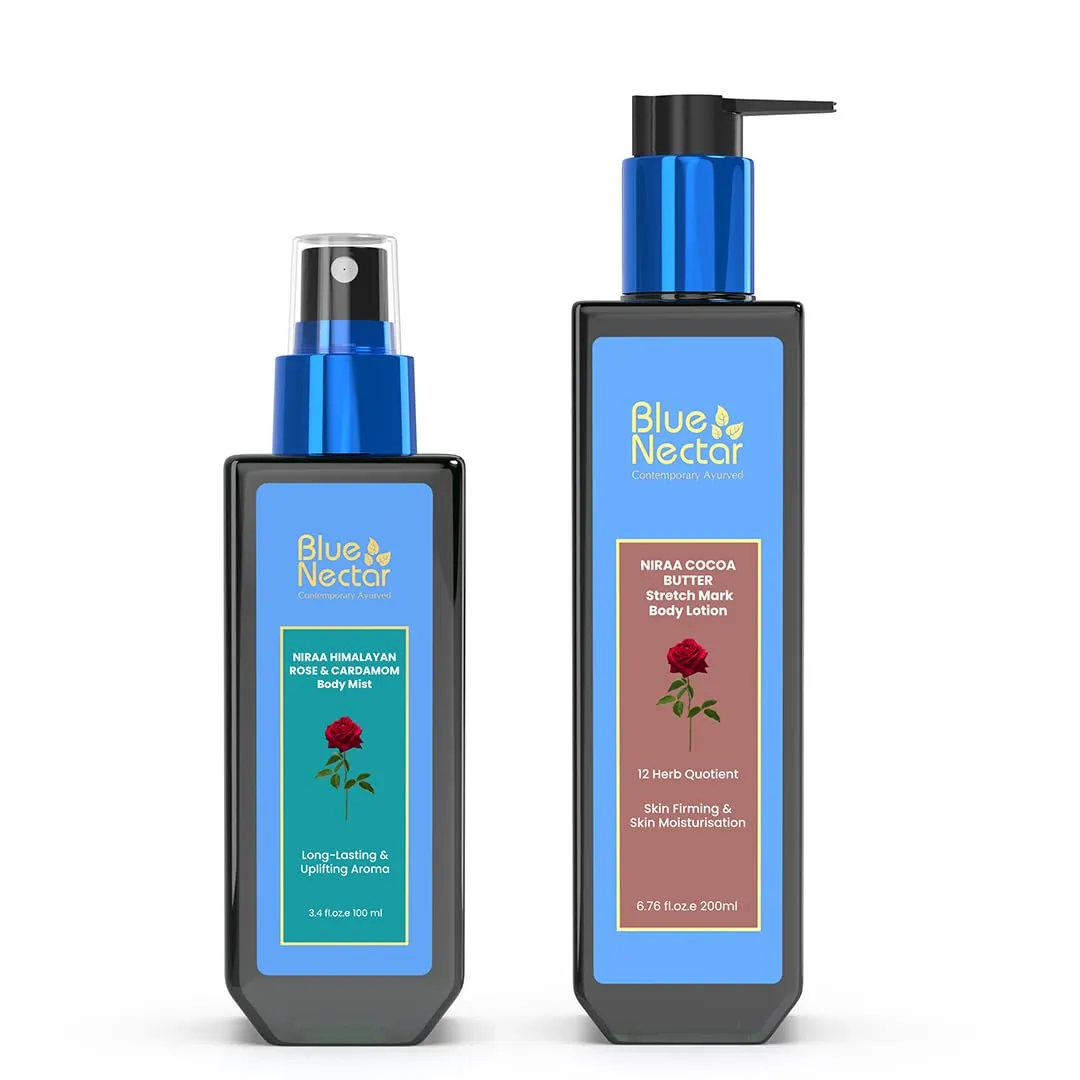 Blue Nectar Pregnancy Bliss Bundle:Stretch Mark Cream & Uplifting Body Mist - Cocoa & Shea Butter Moisturizer, 12 Herbs, Himalayan Rose, Perfect Pregnancy Gifts (6.76 fl oz, 3.4 fl oz)