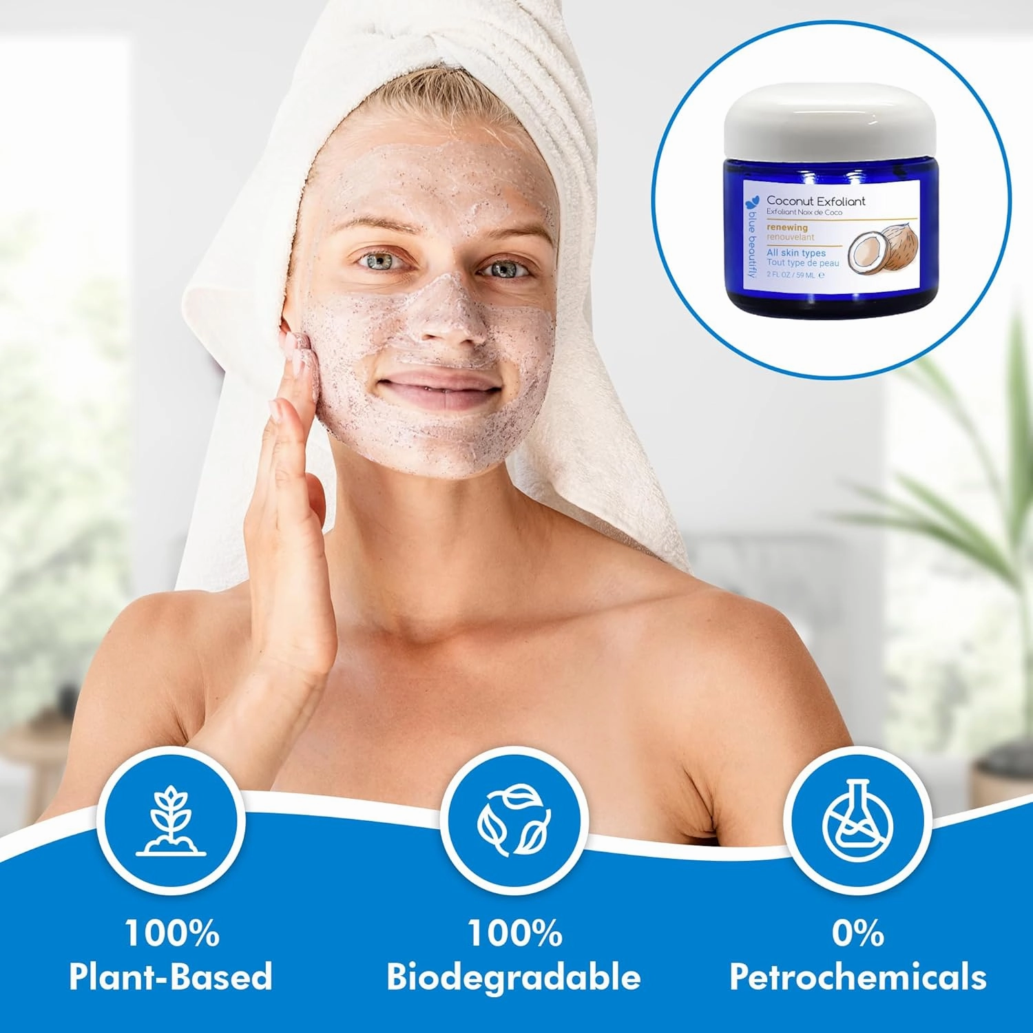 Blue Beautifly Coconut Face Exfoliator - Phytonutrient-rich Coconut Extract Revitalizes Skin - Plant-based with No Synthetic Additives - Shell Granules Clear Pores & Remove Impurities - 2 fl oz