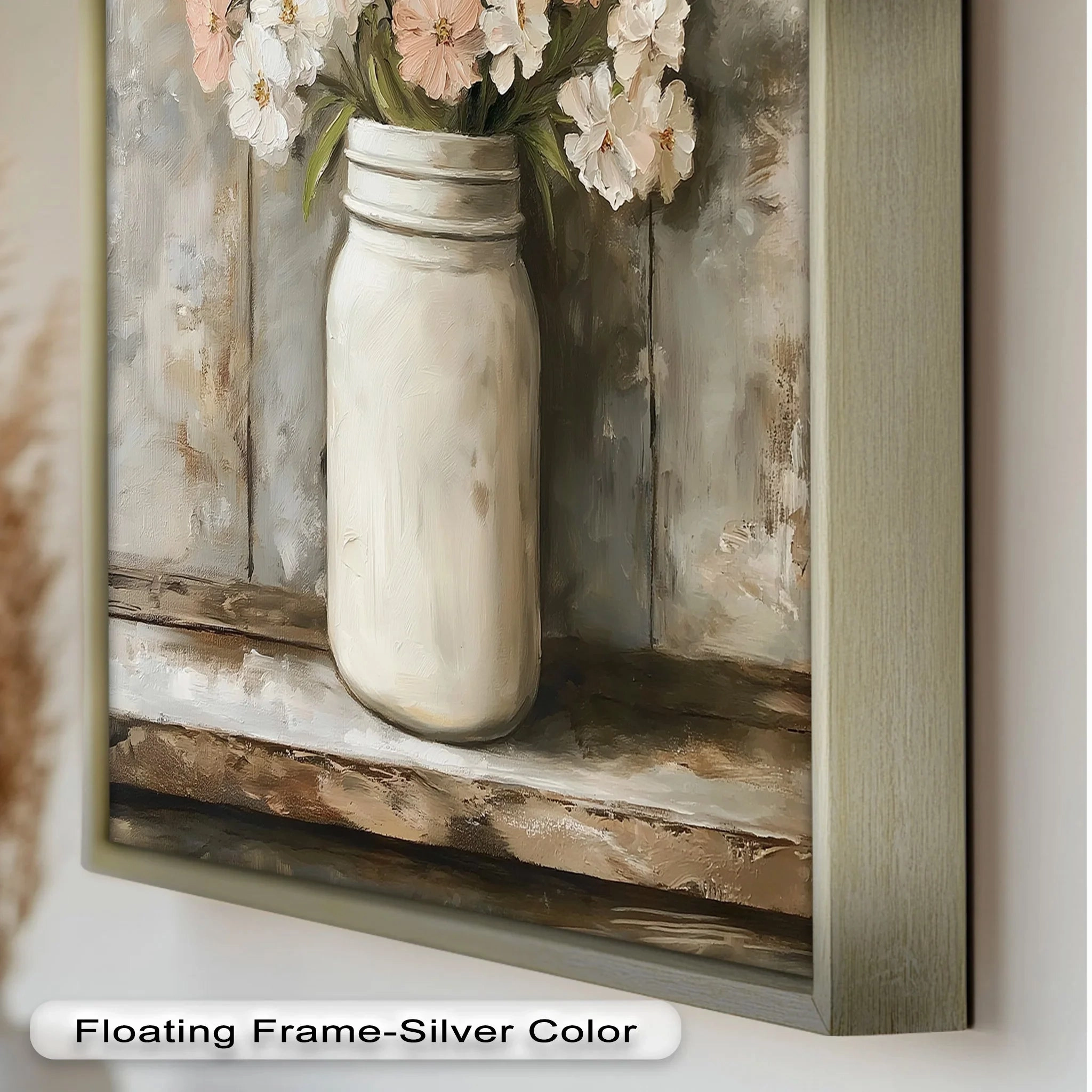 Blush & Cream Blooms – Rustic Mason Jar Flower Oil Painting