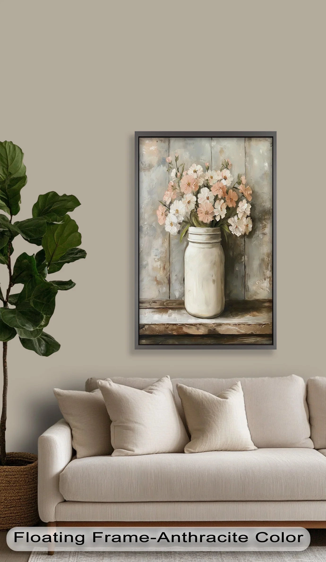Blush & Cream Blooms – Rustic Mason Jar Flower Oil Painting