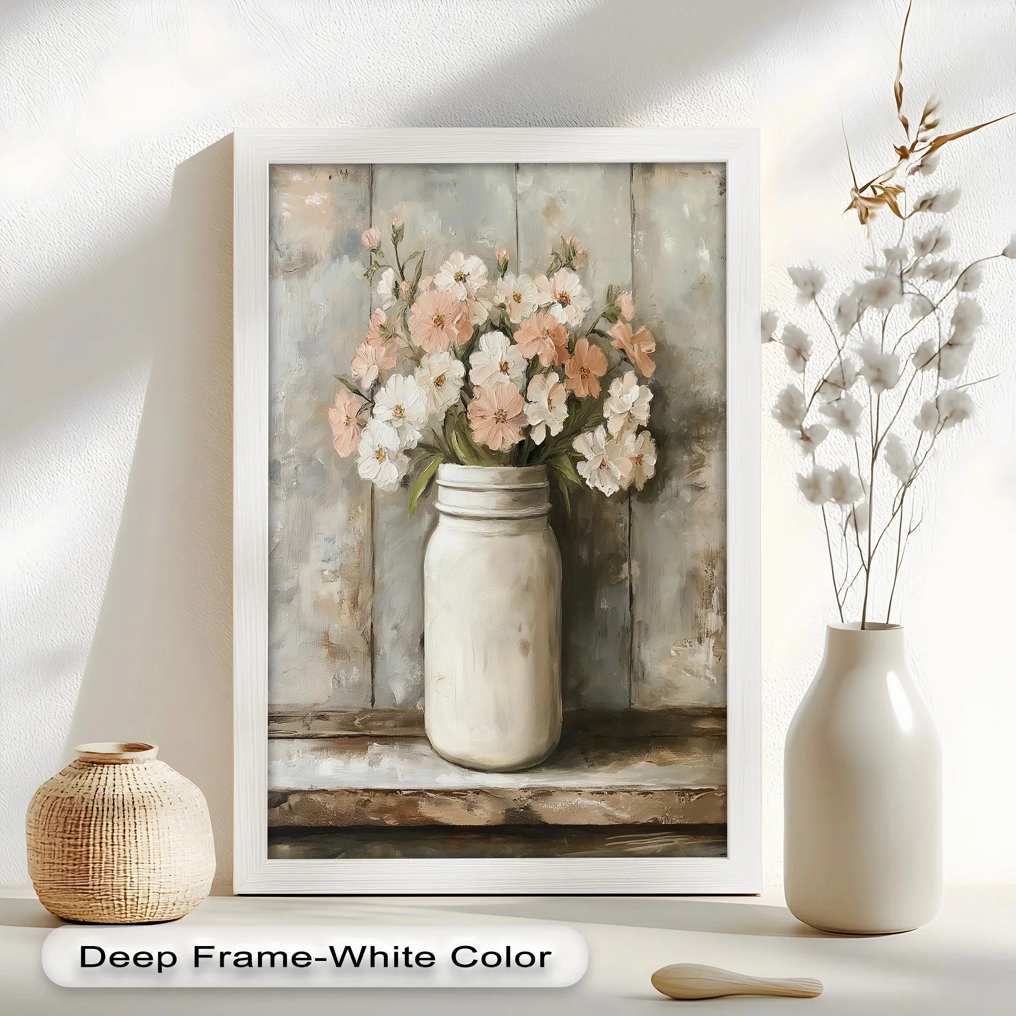 Blush & Cream Blooms – Rustic Mason Jar Flower Oil Painting
