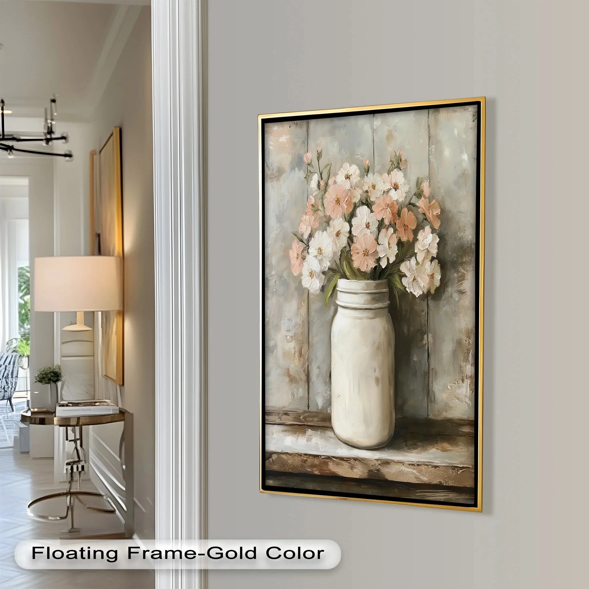 Blush & Cream Blooms – Rustic Mason Jar Flower Oil Painting