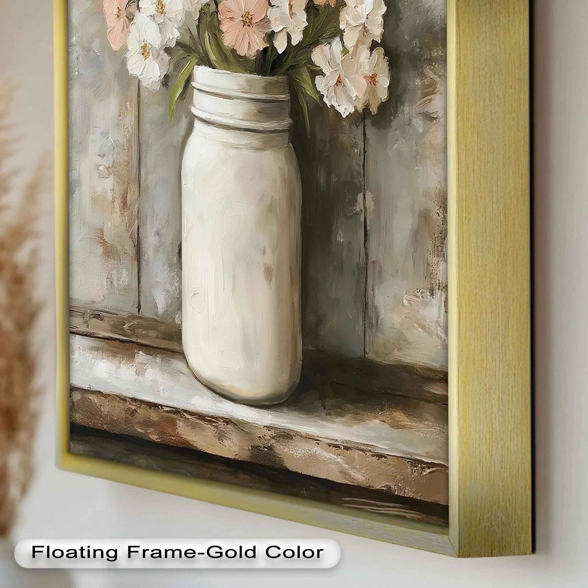 Blush & Cream Blooms – Rustic Mason Jar Flower Oil Painting