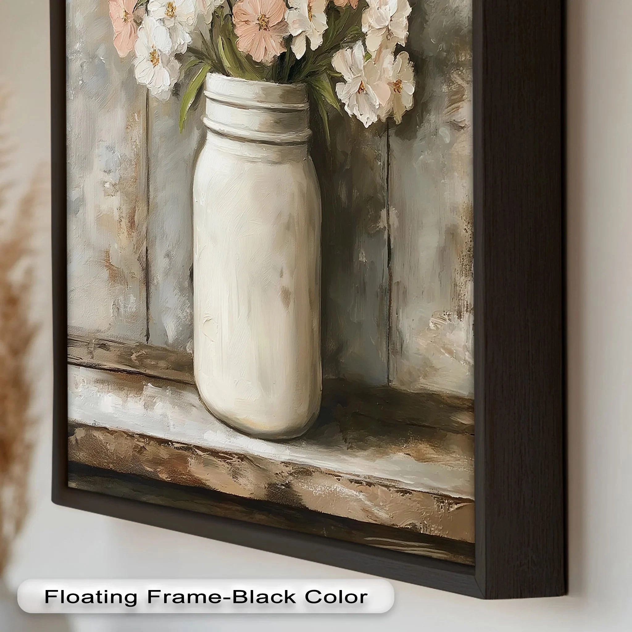 Blush & Cream Blooms – Rustic Mason Jar Flower Oil Painting