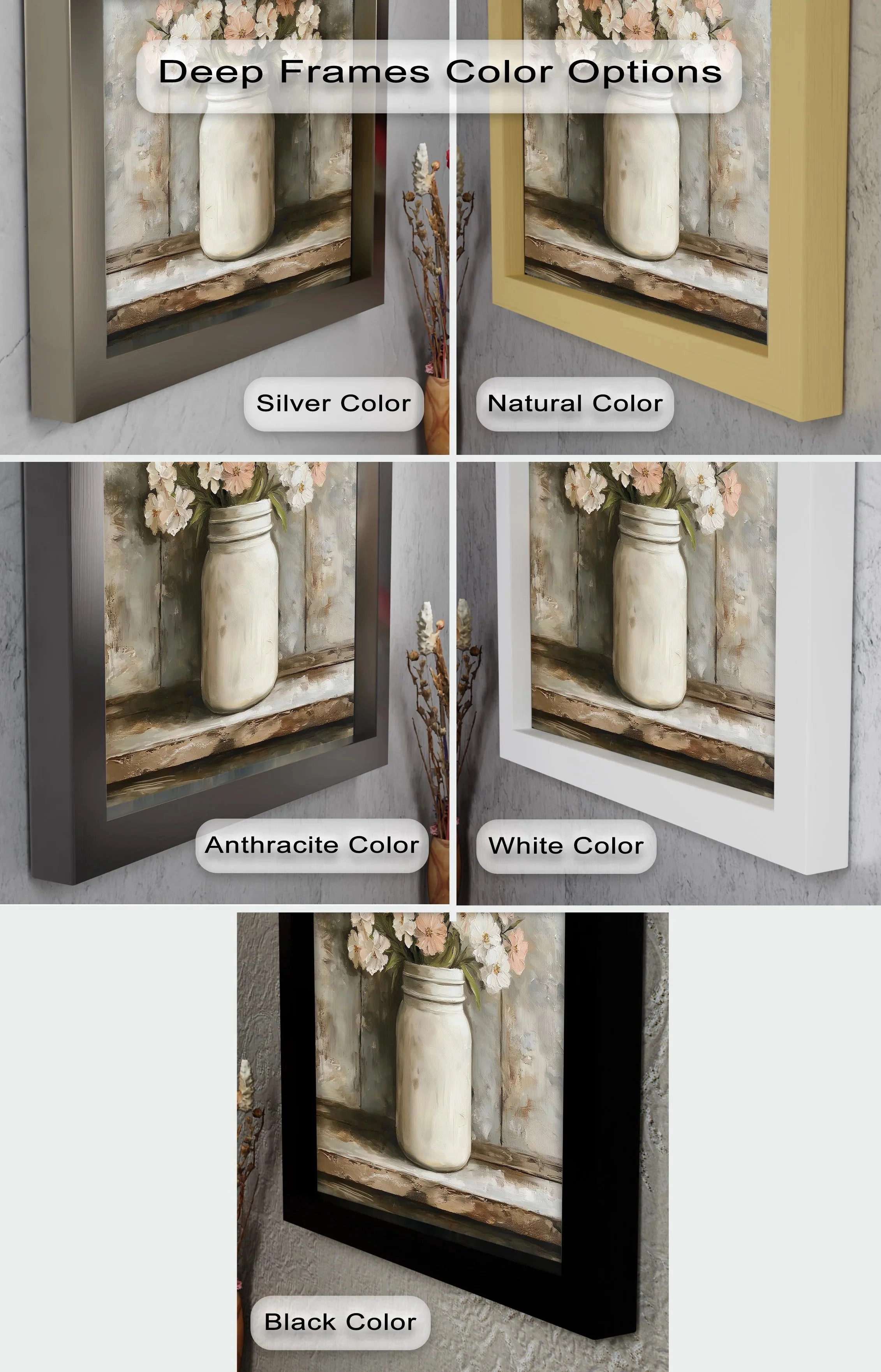 Blush & Cream Blooms – Rustic Mason Jar Flower Oil Painting