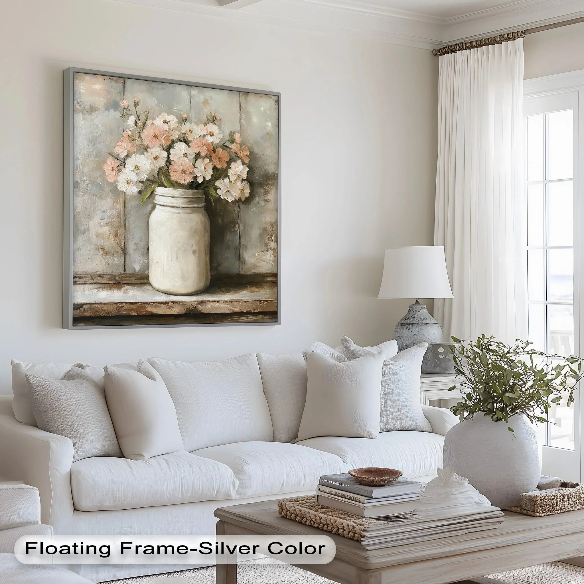 Blush & Cream Blooms – Rustic Mason Jar Flower Oil Painting