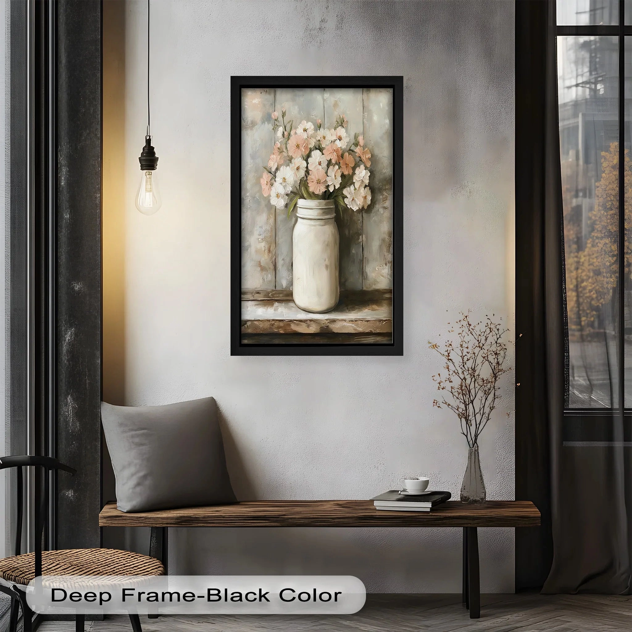 Blush & Cream Blooms – Rustic Mason Jar Flower Oil Painting