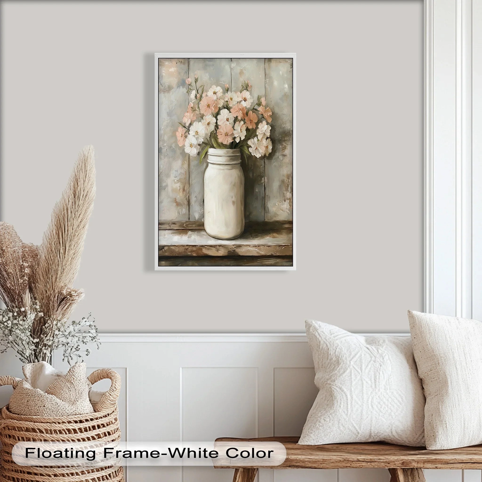 Blush & Cream Blooms – Rustic Mason Jar Flower Oil Painting