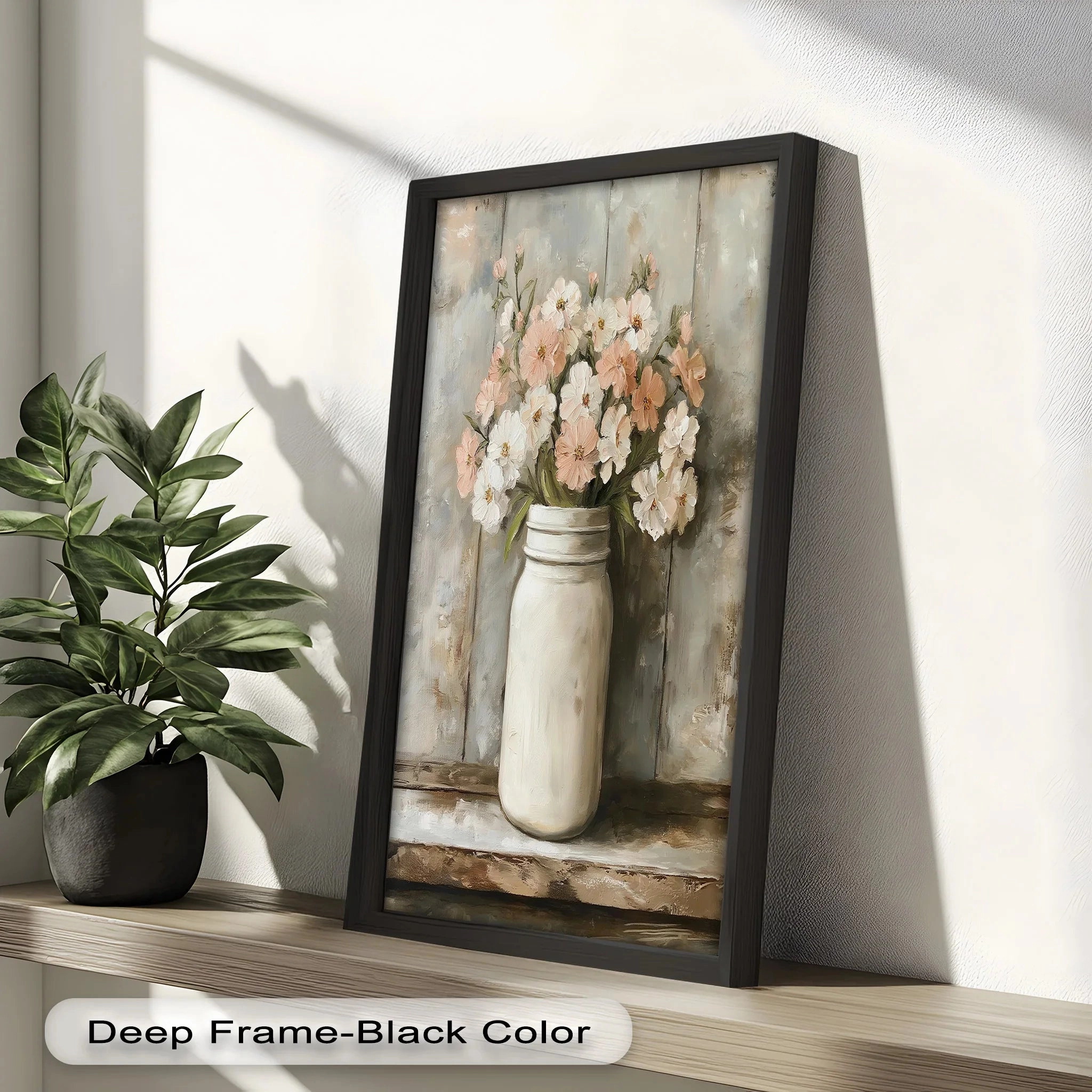 Blush & Cream Blooms – Rustic Mason Jar Flower Oil Painting