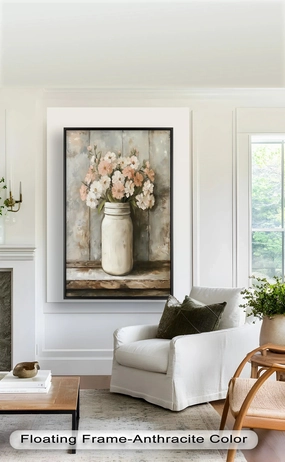 Blush & Cream Blooms – Rustic Mason Jar Flower Oil Painting