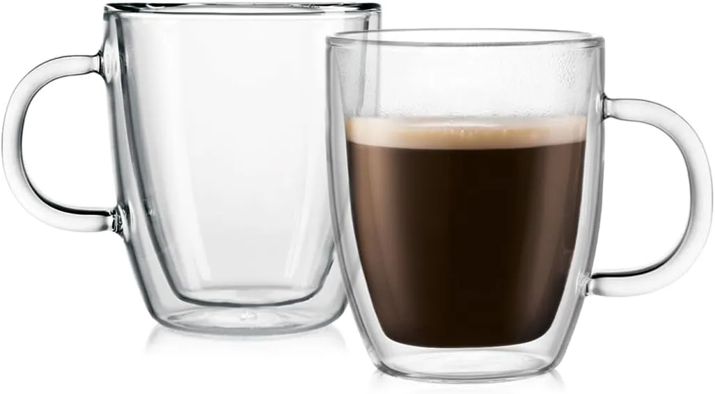 Bodum 10oz Bistro Double Wall Insulated Mug, High-Heat Borosilicate Glass, Set of 2, Clear