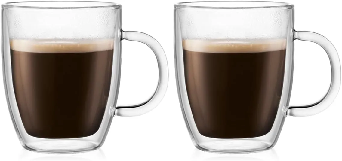 Bodum 10oz Bistro Double Wall Insulated Mug, High-Heat Borosilicate Glass, Set of 2, Clear