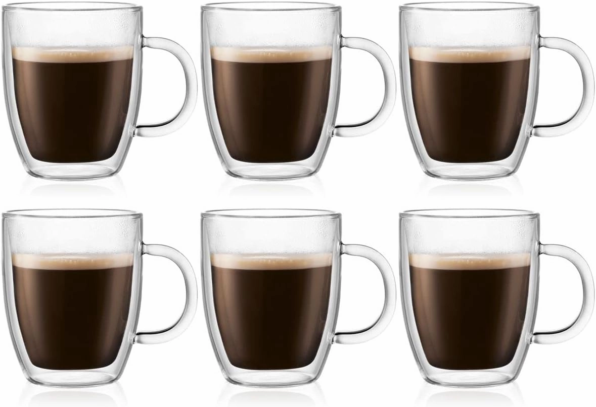 Bodum 10oz Bistro Double Wall Insulated Mug, High-Heat Borosilicate Glass, Set of 6, Clear