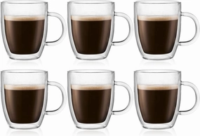 Bodum 10oz Bistro Double Wall Insulated Mug, High-Heat Borosilicate Glass, Set of 6, Clear